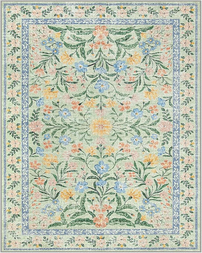 Lahome Machine Washable Area Rugs 8x10 Non Slip, Soft Boho Living Room Rugs, Ultra-Thin Vintage Cottage Throw Carpet for Home Office Dinning Room Kids Playroom, Green/Multi