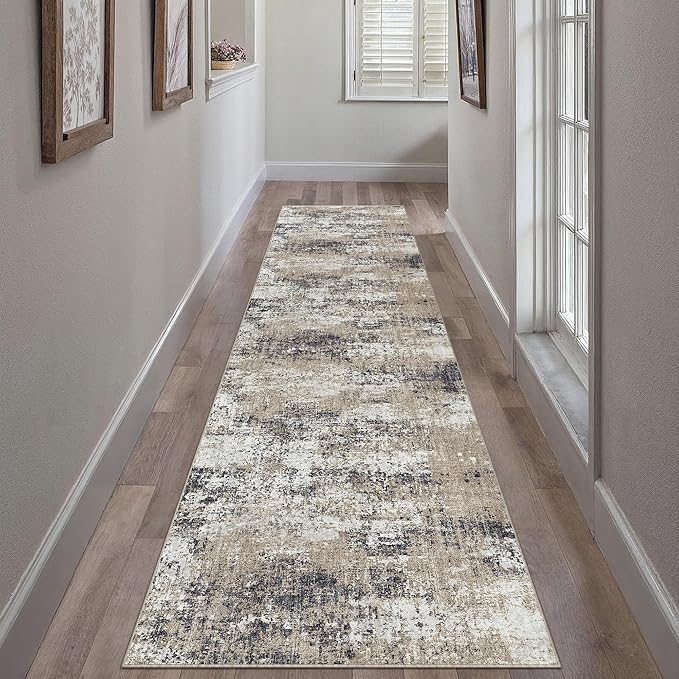 2x8 Abstract Runner Rug Brown Washable Modern Hallway Carpet Non Slip Ultra Soft Neutral Low Pile Contemporary Long Rug for Bathroom Laundry Kitchen Bedroom