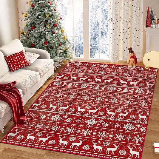 Christmas Rug 4x6 Washable Rugs, Boho Christmas Tree Snowflake Rug Non-Slip Soft Low Pile Non Shedding Indoor Holiday Decor Carpet for Living Room Bedroom Dining Room Home Office (Xmas Red, 4'x6')