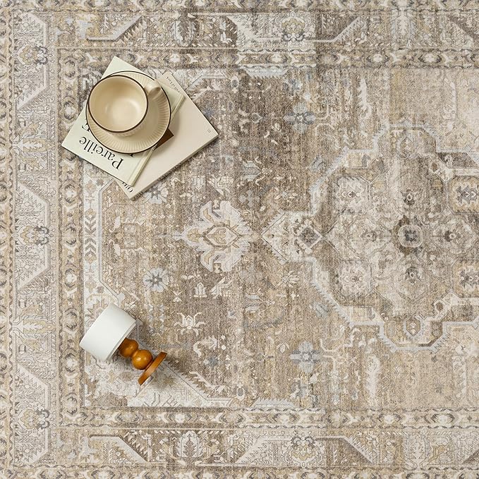 8x10 Washable Vintage Area Rug for Living Room Bedroom Non Slip Distressed Traditional Soft Large Throw Rug Beige Brown Low Pile Lightweight Floral Carpet Office Indoor Classroom Dining Room