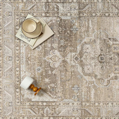 6x9 Washable Vintage Area Rug for Living Room Bedroom Non Slip Distressed Traditional Soft Large Throw Rug Beige Brown Low Pile Lightweight Floral Carpet Office Indoor Playroom Dining Room