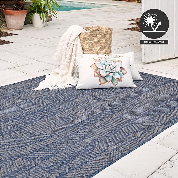 FH Home Flat Woven Outdoor Rug - Waterproof, Easy to Clean, Stain Resistant - Premium Polypropylene Yarn - Modern Abstract - Patio, Porch, Deck, Balcony - Suez - Blue - 5ft 2in x 7ft 6in