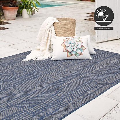 FH Home Flat Woven Outdoor Rug - Waterproof, Easy to Clean, Stain Resistant - Premium Polypropylene Yarn - Modern Abstract - Patio, Porch, Deck, Balcony - Suez - Blue - 5ft 2in x 7ft 6in