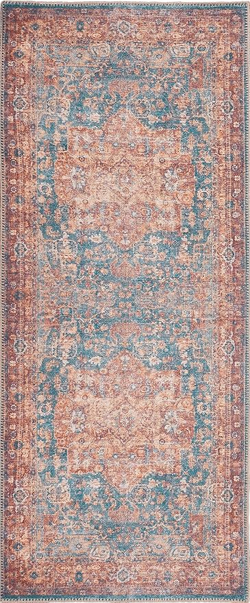 GLN Rugs Traditional Collection - Machine Washable Area Rug, Traditional Washable, Non Slip, Low Pile Chenille Rug, Living Room, Bedroom, Kitchen Rug (2'6" x 7' Terra/Green)