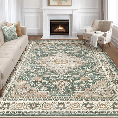 Green Rug Living Room Rugs: 10x14 Washable Boho Large Vintage Soft Stain Resistant Farmhouse Oriental Non Slip Indoor Floor Carpet for Bedroom Nursery Kids Playroom Office Dining Room Home Decor