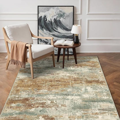 GENIMO 3x5 Rug for Entryway Washable Area Rug, Modern Abstract Small Rugs for Entrance Living Room, Bedroom Beside Rugs, Non-Slip Low Pile Lightweight Soft Carpet, Orange Green