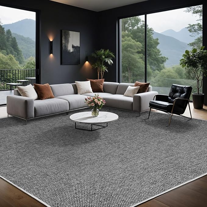 LBRO2M Easy Jute Solid Area Rug 9X12 Washable Rugs for Living Room Bedroom Natural Jute Look Indoor Outdoor Rug Durable, Solid Non Shedding Eco Friendly (9X12 Black Gray)