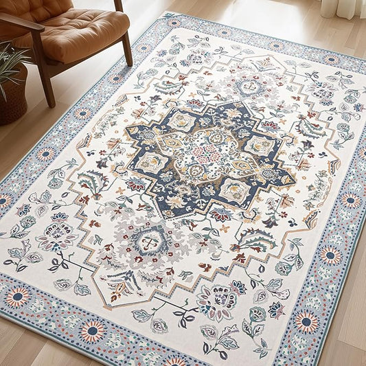Phantoscope Washable Area Rug 8'x10' Non-Slip, Vintage Boho Rugs for Living Room, Bedroom, Dining Room, Persian Floral Medallion Pattern, Low-Pile Foldable Floor Carpet, Ivory Blue/Garden Bloom