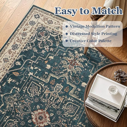 Farmhouse Distressed 3x5 Area Rugs for Entryway Foyer, Washable Non Slip Low Pile Throw Rugs for Kitchen, Vintage Medallion Pinted Carpet for Bedroom/Bathroom/Home Office, Deep Blue/Multi