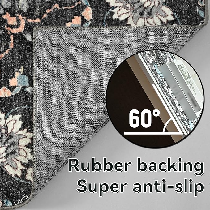 YJ.GWL Area Rugs for Living Room 4x6 Machine Washable Rugs for Bedroom, Non Slip Floral Vintage Rug Indoor Carpet, Stain Resistant Throw Rug for Dining Room Kitchen, Black Grey Blue