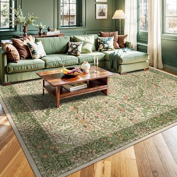 8x10 Floral Washable Area Rug for Living Room, Vintage Boho Large Rugs for Bedroom Dining Room, Botanical Birds Non Slip Low Pile Forest Throw Carpet for Farmhouse Office, Retro Pink/Green
