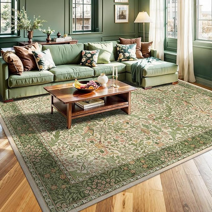 8x10 Floral Washable Area Rug for Living Room, Vintage Boho Large Rugs for Bedroom Dining Room, Botanical Birds Non Slip Low Pile Forest Throw Carpet for Farmhouse Office, Retro Pink/Green