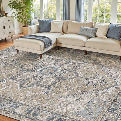 Kokia 8x10 Washable Area Rugs Blue with Vintage Orient Design, Soft Rug for Living Room or Bedroom, Non-Slip Low Pile Stain Resistance Features, Distressed Medallion Pattern