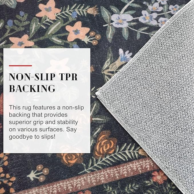 Boho Floral Machine Washable Runner Rug 2x6, Black Navy Kitchen Runner Rug Non-Slip, Super Thin Hallway Rug Runner Printed Faux Wool Soft Carpet for Entryway Bedroom Laundry Room Indoor