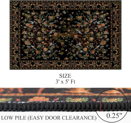 Black Area Rug 3x5 Washable, Non-Slip Small Rug Carpet, Floral Boho Low Pile Soft Throw Rugs for Entryway, Bedroom, Kids Room, Dorm, Office, Nursery, Vintage Home Decor
