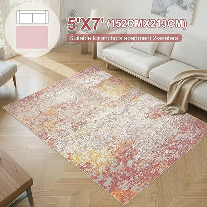 Area Rug Living Room Rugs - 5x7 Washable Large Soft Indoor Neutral Modern Abstract Low Pile Rug Carpet for Bedroom Dining Room Farmhouse Home Office - Colorful