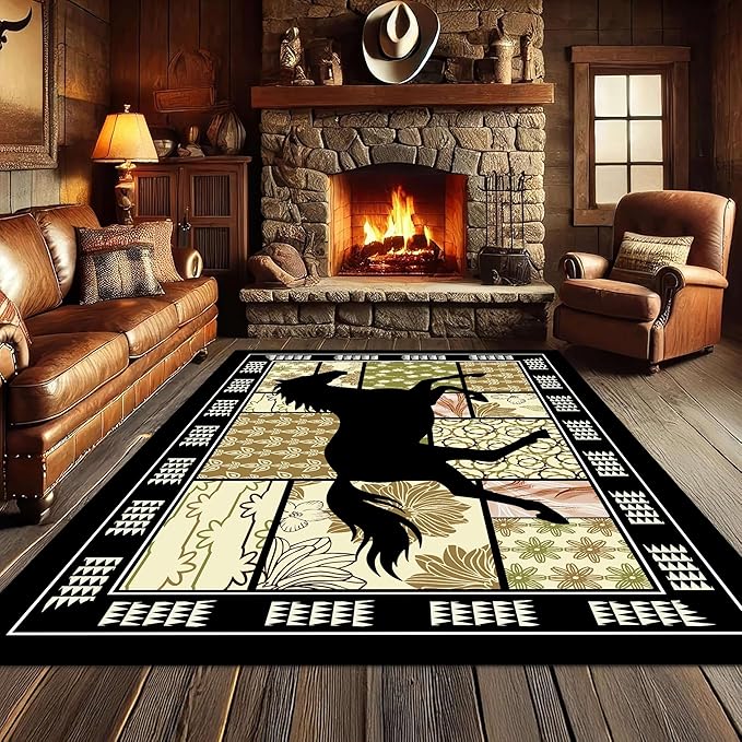 Western Horse Print Rugs 7x10ft,Boho Floral Area Rug, Botanical Print Low Pile Carpet, Stain-Resistant & Machine Washable Non-Slip Mat for Living Room, Bedroom, Dining Room