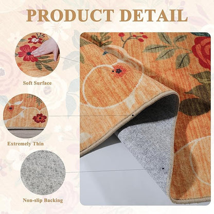 DUKINO Floral Round Rug, 6ft Washable Circle Rug, Non Slip Indoor Low Pile Circle Rug, Soft Small Boho Design Carpet for Bedroom, Entryway, Living Room, Dining Room, Orange