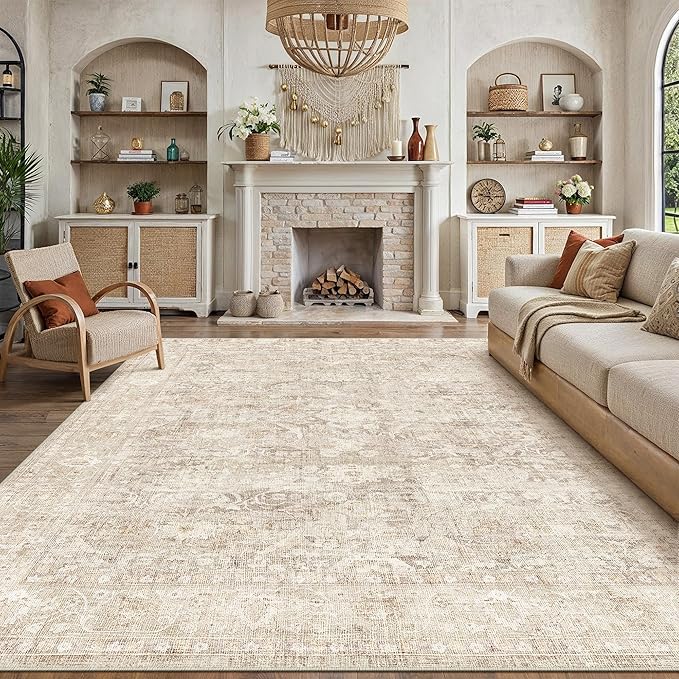 9x12 Beige Area Rug for Living Room Bedroom Neutral Soft Non Slip Rug Low Pile Vintage Distressed Large Carpet for Dining Room Nursery Office Indoor