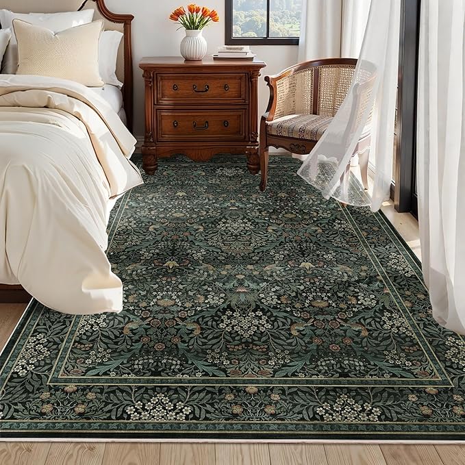 6x9 Floral Washable Area Rug for Living Room, Vintage Boho Large Rug for Bedroom Dining Room， Distressed Botanical Birds Non Slip Low Pile Forest Animal Throw Carpet for Farmhouse Office, Dark Green