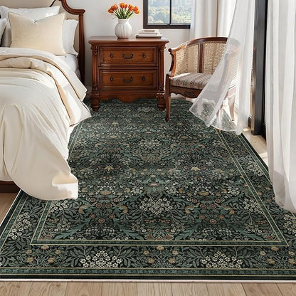 6x9 Floral Washable Area Rug for Living Room, Vintage Boho Large Rug for Bedroom Dining Room， Distressed Botanical Birds Non Slip Low Pile Forest Animal Throw Carpet for Farmhouse Office, Dark Green