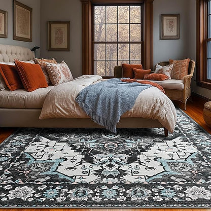 YJ.GWL Area Rugs for Living Room 5x7 Machine Washable Rugs, Non Slip Floral Vintage Rug Indoor Carpet, Stain Resistant Large Rug for Bedroom Dining Room, Black Grey Blue