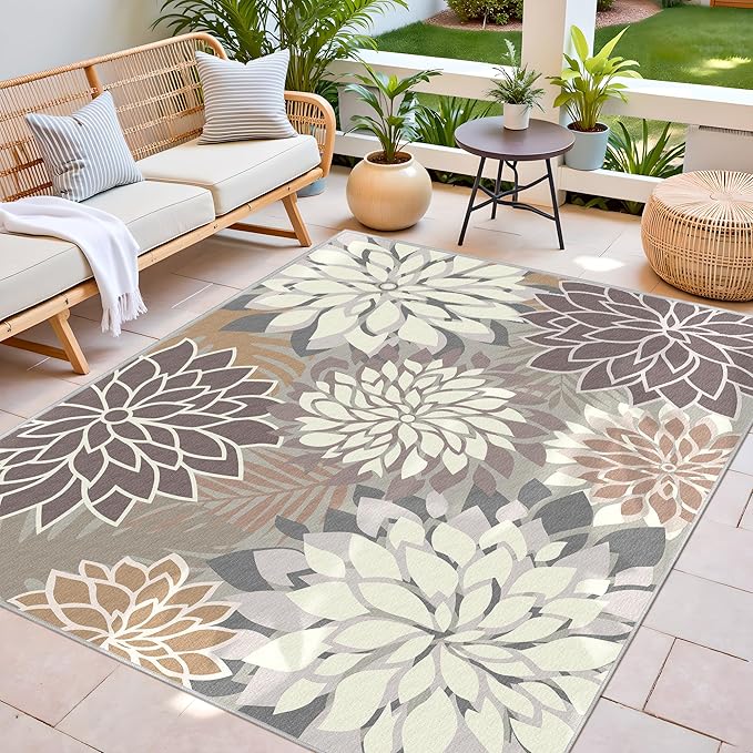 Colorful 5x8 Outdoor Area Rug Washable Multicolored Patio Rug Tropical Botanical Floral Chenille Waterproof Outdoor Carpet for Living Room, Deck, Backyard, Porch, Taupe