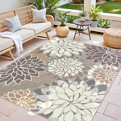 8x10 Outdoor Area Rug Washable Multicolored Patio Rug Tropical Botanical Floral Chenille Waterproof Outdoor Carpet Non-Slip for Deck, Backyard, Porch, Taupe