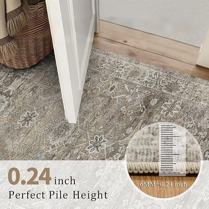 2x3 Entryway Rug Brown Grey Washable Vintage Rugs for Entryway Kitchen Low Pile Non-Slip Door Mat Traditional Distressed Small Throw Carpet for Kitchen Entrance Bathroom Antique/Moss
