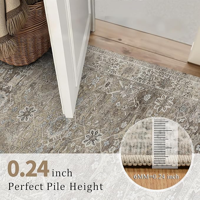 6x9 Washable Rug for Living Room Large Vintage Distressed Bedroom Rug Low Pile Non-Slip Soft Boho Carpets for Bedroom Dining Room Home Office Indoor Nursery Antique/Moss