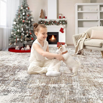 Area Rug Living Room Rugs - Washable Neutral Modern Abstract Soft Thin Rug Indoor Floor No Slip Rug Carpet for Bedroom Under Dining Table Home Office Decor - Brown/Grey/Red - 5x7