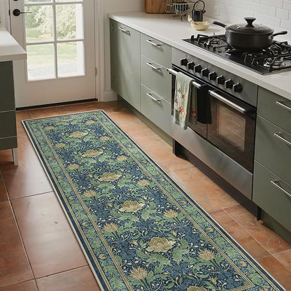 Bavni 2'6''x8 Runner Rug,Microfiber Washable Non-Slip Vintage Floral Rugs,Low Pile Lightweight Carpet for Bedroom,Hallway,Entryway,Kitchen,Bathroom, Tea Green/Blue