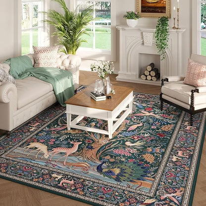 Rugcomf 8x10 Area Rugs Vibrant Tree of Life-Patterned Vintage Washable Area Rug Non Slip Low Pile Large Rug for Bedroom Farmhouse Dining Room Kids Playroom, Green