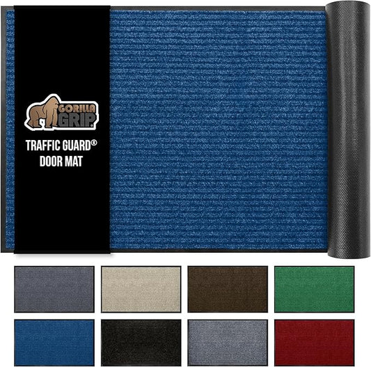GORILLA GRIP Waterproof Traffic Guard Door Mat, Heavy Duty Entryway Mats, Strong Rubber Back Commercial Utility Rugs for Office Hallway, Garage Floor and Home, Low Profile Carpet Runner, 29x17, Blue