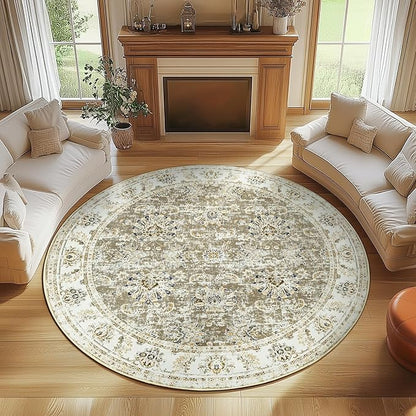 jinchan Fiora Round Rug 7ft Area Rugs - Vintage Floral Distressed Design Machine Washable Non-Slip Low-Pile Ultra-Thin Circle Rug for Living Room Dining Room Bedroom Farmhouse (7' Round, Taupe)