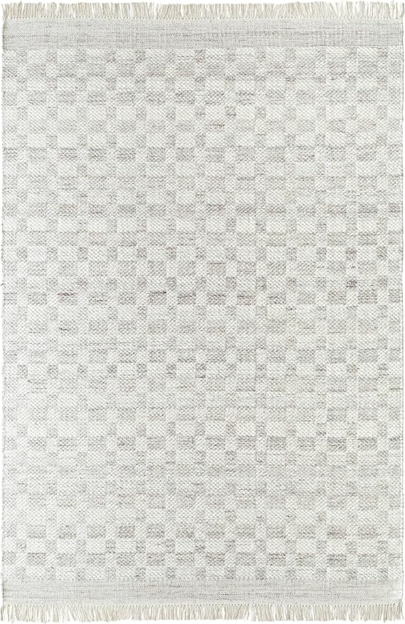 Mark&Day Wool Rugs, 4x6 Clinten Solid and Border Light Gray Checkered Rug, Grey Ivory Carpet for Living Room, Bedroom or Kitchen (3'6" x 5'6")