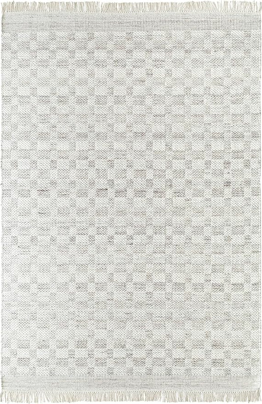 Mark&Day Wool Rugs, 2x8 Clinten Solid and Border Light Gray Runner Checkered Rug, Grey Ivory Carpet for Hallway, Kitchen, Bedroom or Living Room (2'6" x 8' Runner)