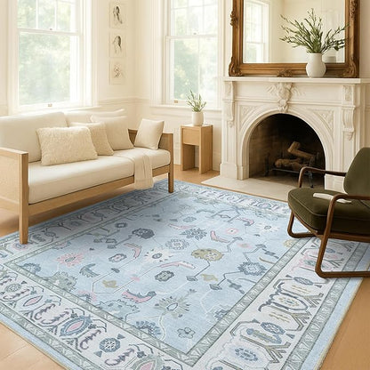 Fame Living Cream Blue Oushak Runner Rug, Modern Runners, Vintage, Turkish, Eclectic, Floral, Pastel, Washable, Runner for Hallway, Kitchen, Bedroom, Bathroom, 2'5"x9'8"