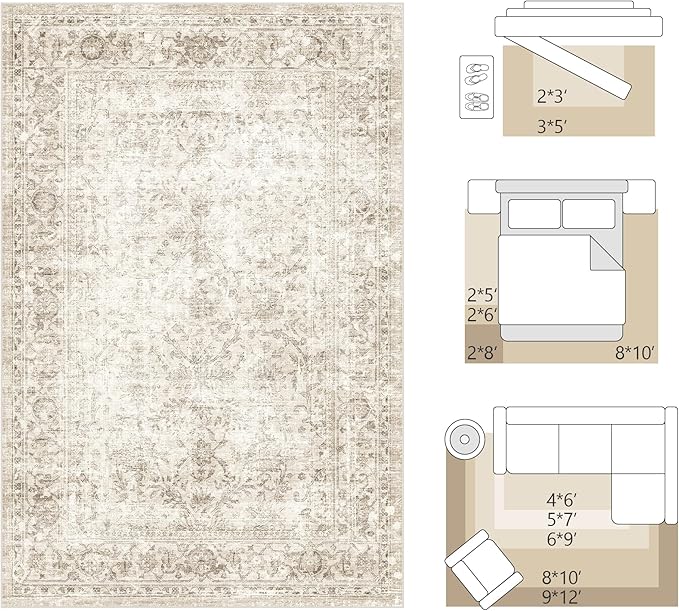 FMFUNCTEX 3x4 Washable Area Rug Beige Vintage Neutral Non Slip Low Pile Traditional Retro Indoor Carpet for Entryway Entrance Soft Floral Throw Rug Living Room Bedroom Kitchen Dining Office Laundry