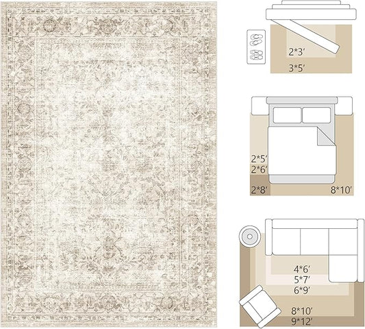 FMFUNCTEX 5x7 Washable Area Rug Neutral Vintage Beige Non Slip Low Pile Traditional Indoor Carpet for Living Room Bedroom Soft Retro Floral Mat Throw Rug for Dining Office Kitchen Dorm Entryway