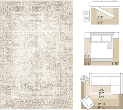 FMFUNCTEX 4x6 Washable Area Rug Neutral Vintage Beige Non Slip Low Pile Traditional Indoor Carpet for Living Room Bedroom Soft Retro Floral Mat Throw Rug for Dining Office Kitchen Dorm Entryway