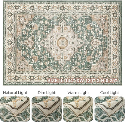 Green Rug Living Room Rugs: 10x12 Washable Boho Large Vintage Soft Stain Resistant Farmhouse Oriental Non Slip Indoor Floor Carpet for Bedroom Nursery Kids Playroom Office Dining Room Home Decor