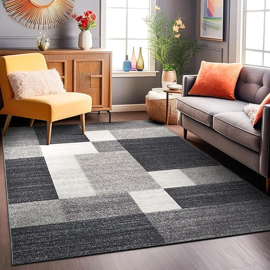 Rugshop Gray Modern Geometric Boxes Non-Slip Area Rug Non-Shedding for Living Room, Dining Room and Bedroom, 6'6" x 9'