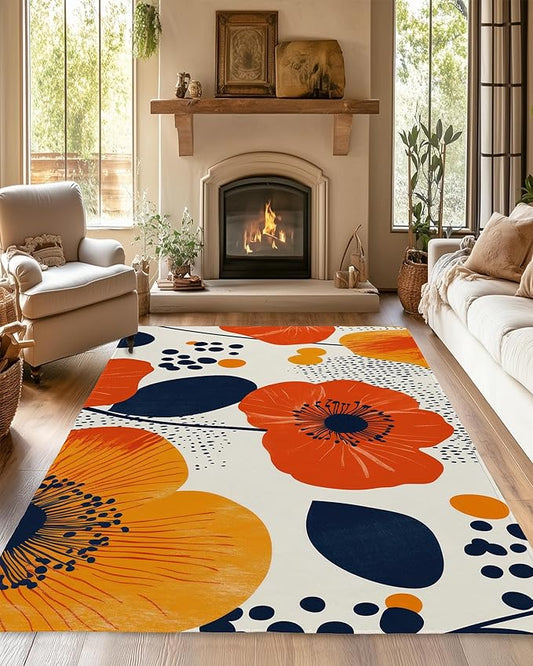 Boho Orange Flowers Autumn Carpet for Living Room, 5x7 Non-Slip Washable Low Pile Abstract Design Rug, Space Saving Area Rug for Bedroom, Dining Room