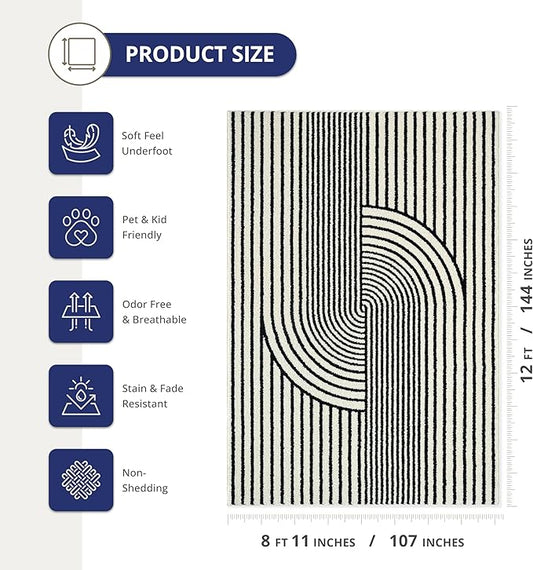 Abani Nuevo Collection Area Rug - Mid-Century Black and White Arch Knot Design - 9' x 12' - for Living Room, Bedroom & Office