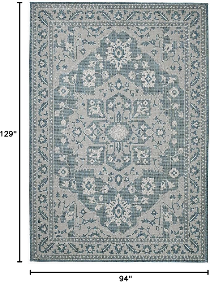 FH Home Flat Woven Outdoor Rug - Waterproof, Easy to Clean, Stain Resistant - Premium Polypropylene Yarn - Vintage - Large Patio, Deck, Sunroom - Shiraz - Ocean - 7ft 10 in x 10ft 9in