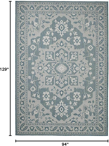 FH Home Flat Woven Outdoor Rug - Waterproof, Easy to Clean, Stain Resistant - Premium Polypropylene Yarn - Vintage - Large Patio, Deck, Sunroom - Shiraz - Ocean - 7ft 10 in x 10ft 9in