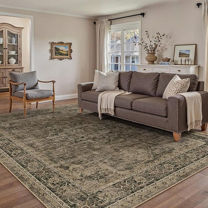 4x6 Washable Area Rug Brown Vintage Distressed Rug for Office Oriental Soft Thin Indoor Retro Carpet Non Slip Low Pile Floor Cover for Living Ding Room Bedroom Laundry