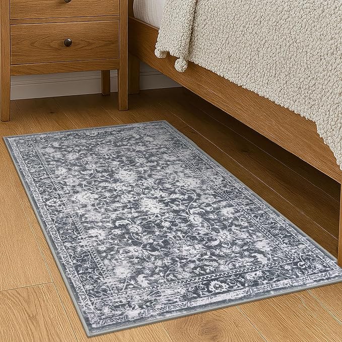 KILOCOCO Moroccan Small Area Rug 2x3 Entryway Rugs Printed Vintage Floral Washable Rug Non-Slip Kitchen Rug Indoor Door Mat, Accent Throw Small Rugs for Laundry Room Bedroom Entrance, Grey