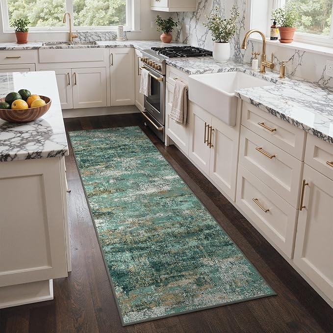 GENIMO Runner Rug Non Slip 2'6"x8', Washable Rug Runner for Hallways Kitchen, Abstract Modern Kitchen Rugs, Low Pile Lightweight Carpet Runners for Entryway, Bedroom, Laundry, Turquoise